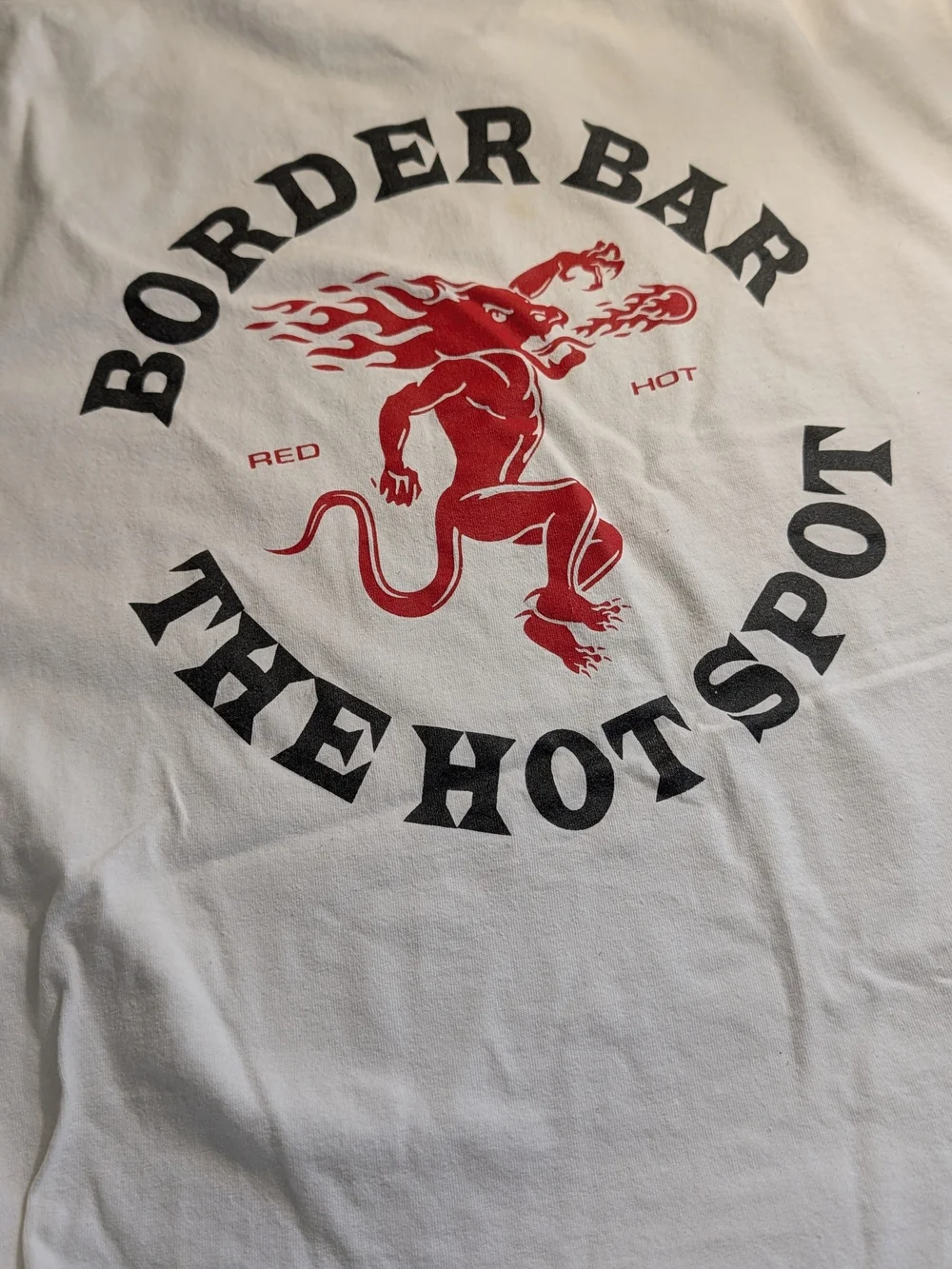 Border Bar Int'l Falls, MN, Gildan White Tee with Red Flaming Devil Graphic